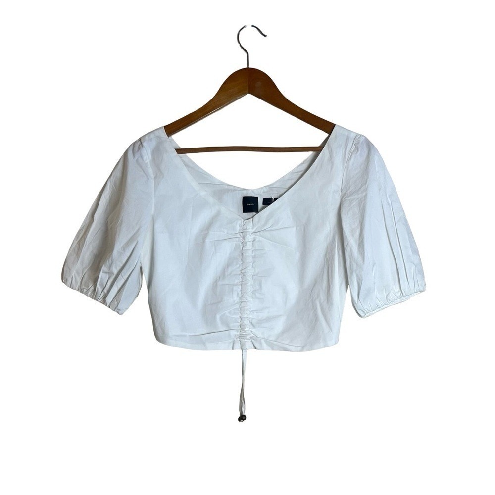 Pinko Venezia White Cotton Poplin Ruched Puff Sleeve Crop Top 1G17EJ Y6VW USA 2